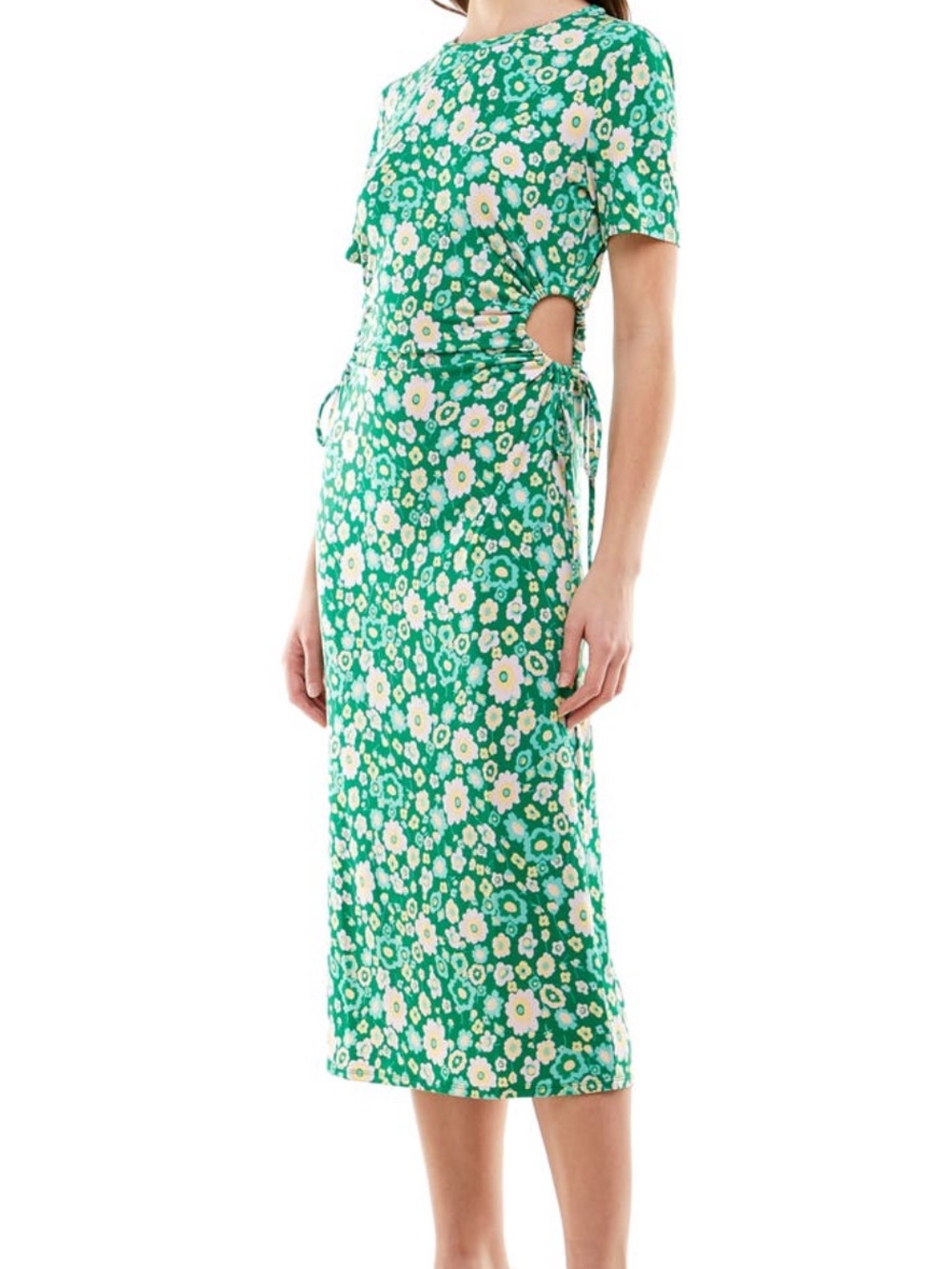 WAYF Kelly Daisy Floral Ruched Sides Midi Small Dress NEW